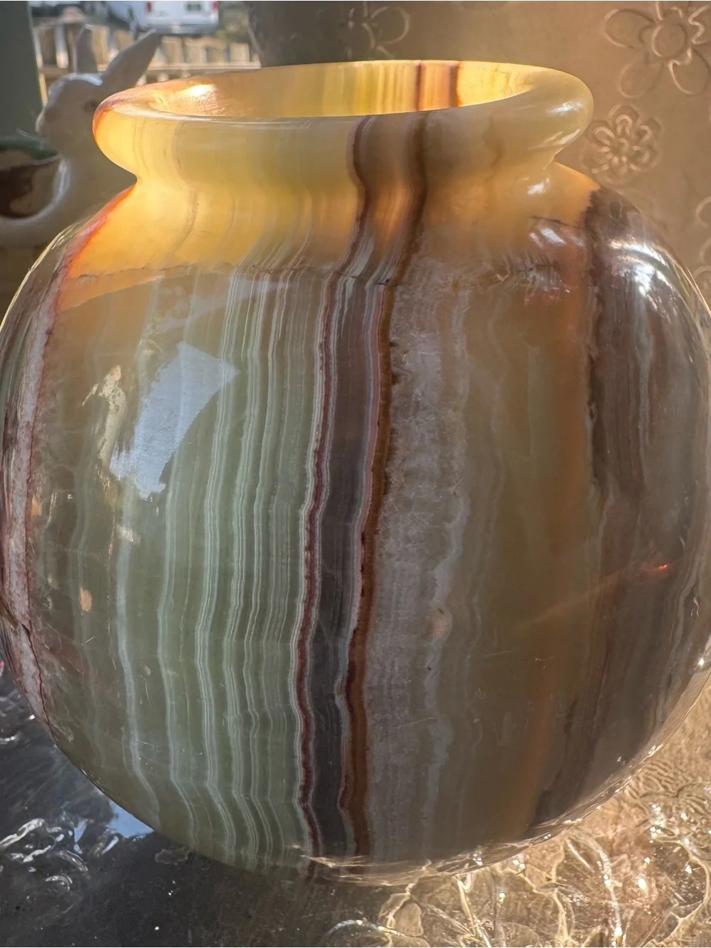 Vintage Polychrome Onyx Stone Vase in Pink, Brown & Green
